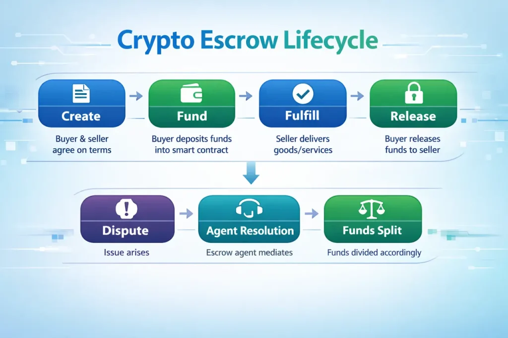 Crypto escrow lifecycle flowchart showing the complete transaction process from agreement to release