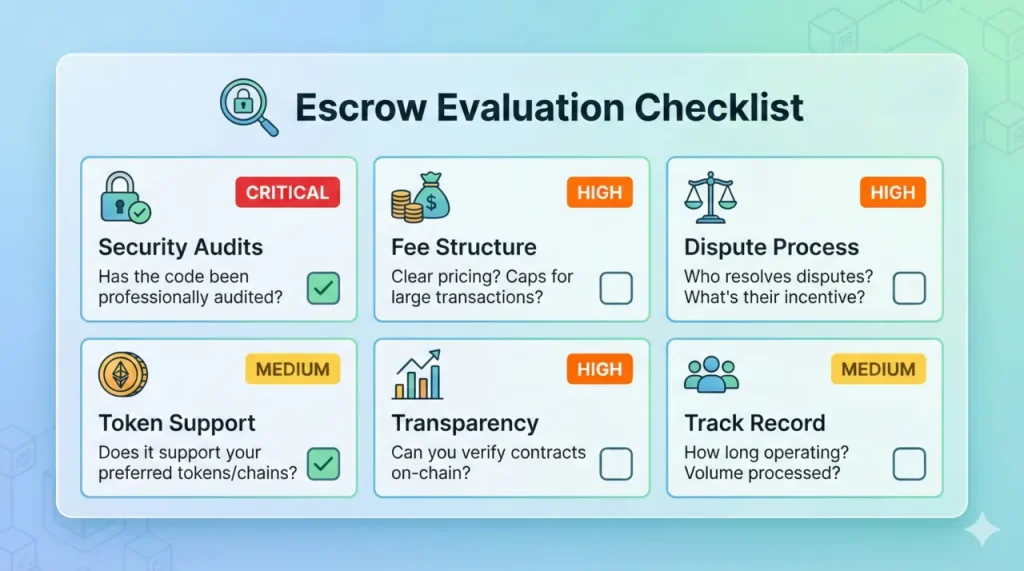 Escrow evaluation checklist showing key criteria for choosing a crypto escrow service