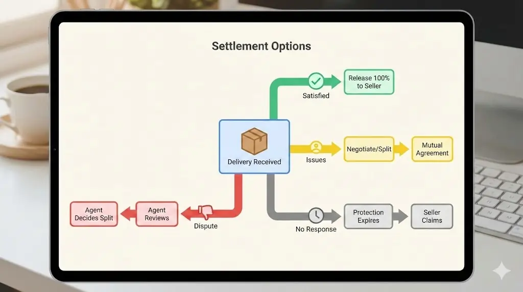 Escrow settlement options decision tree showing release, dispute, and refund pathways