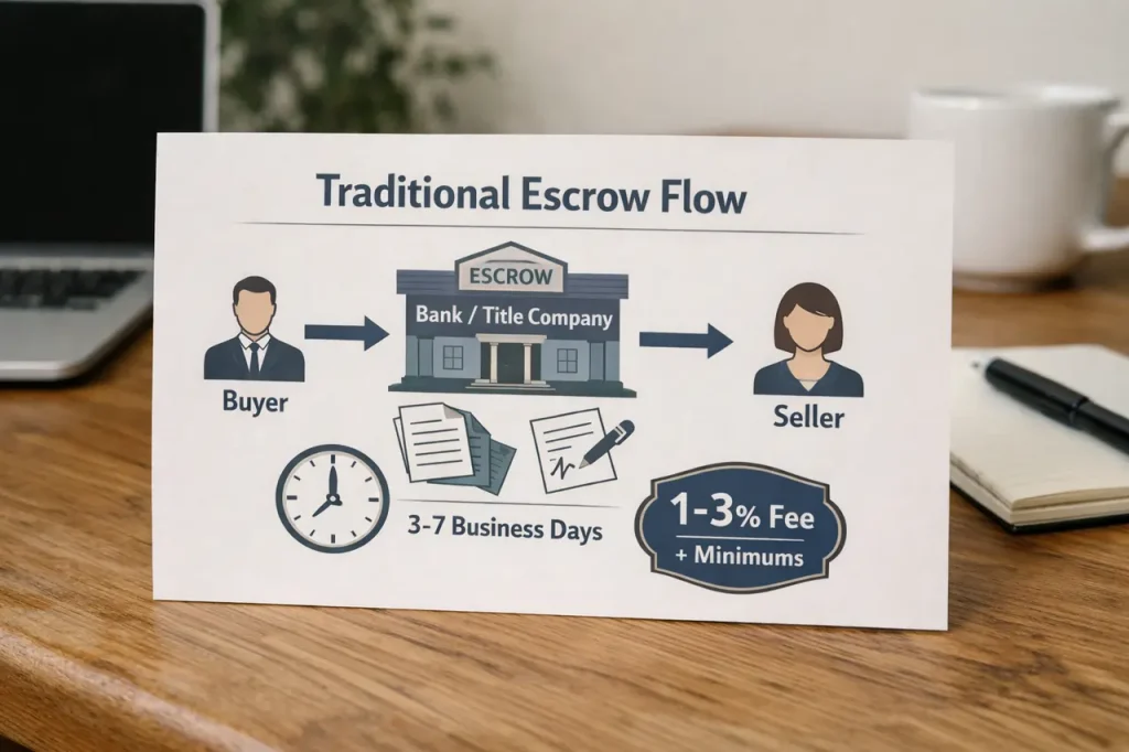 Traditional escrow flow diagram showing buyer, escrow company, and seller interactions