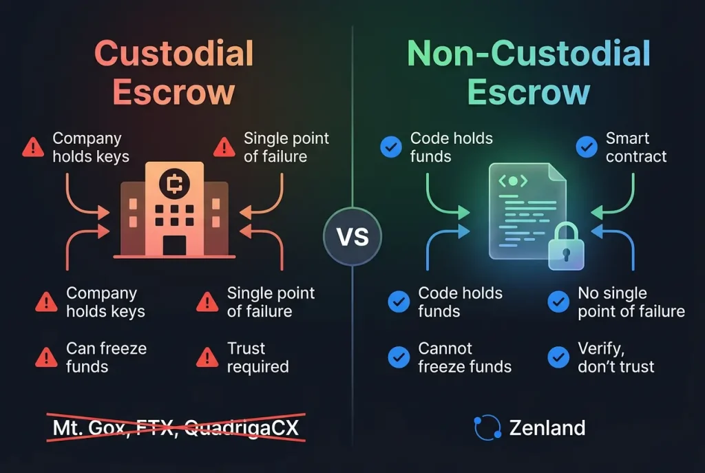 Side-by-side comparison of custodial vs non-custodial crypto escrow security models showing key differences in fund custody and risk