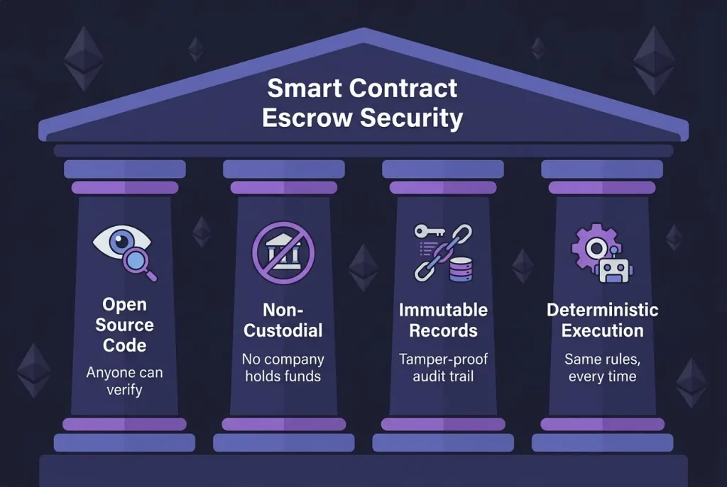 Four pillars of smart contract escrow security: open source code, non-custodial architecture, immutable records, and deterministic execution