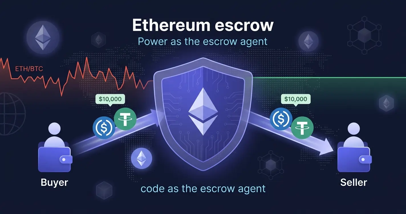 Ethereum escrow service illustration showing stablecoins (USDC, USDT) locked in a smart contract vault on the Ethereum blockchain, with equal value entering and exiting — representing secure, non-custodial, volatility-free escrow transactions