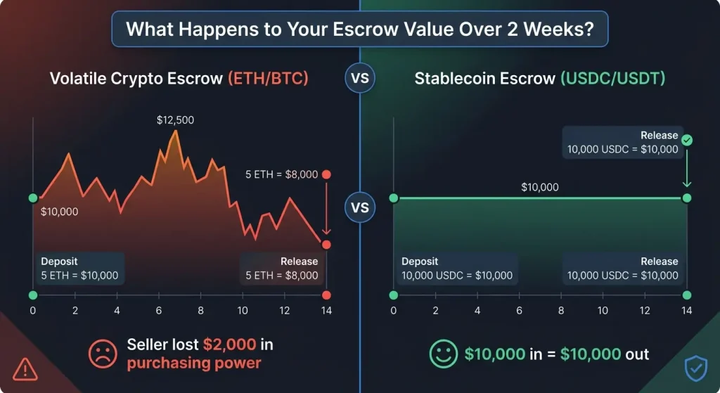 Comparison showing stablecoin escrow maintaining consistent value versus volatile ETH/BTC escrow where value fluctuates during the transaction period